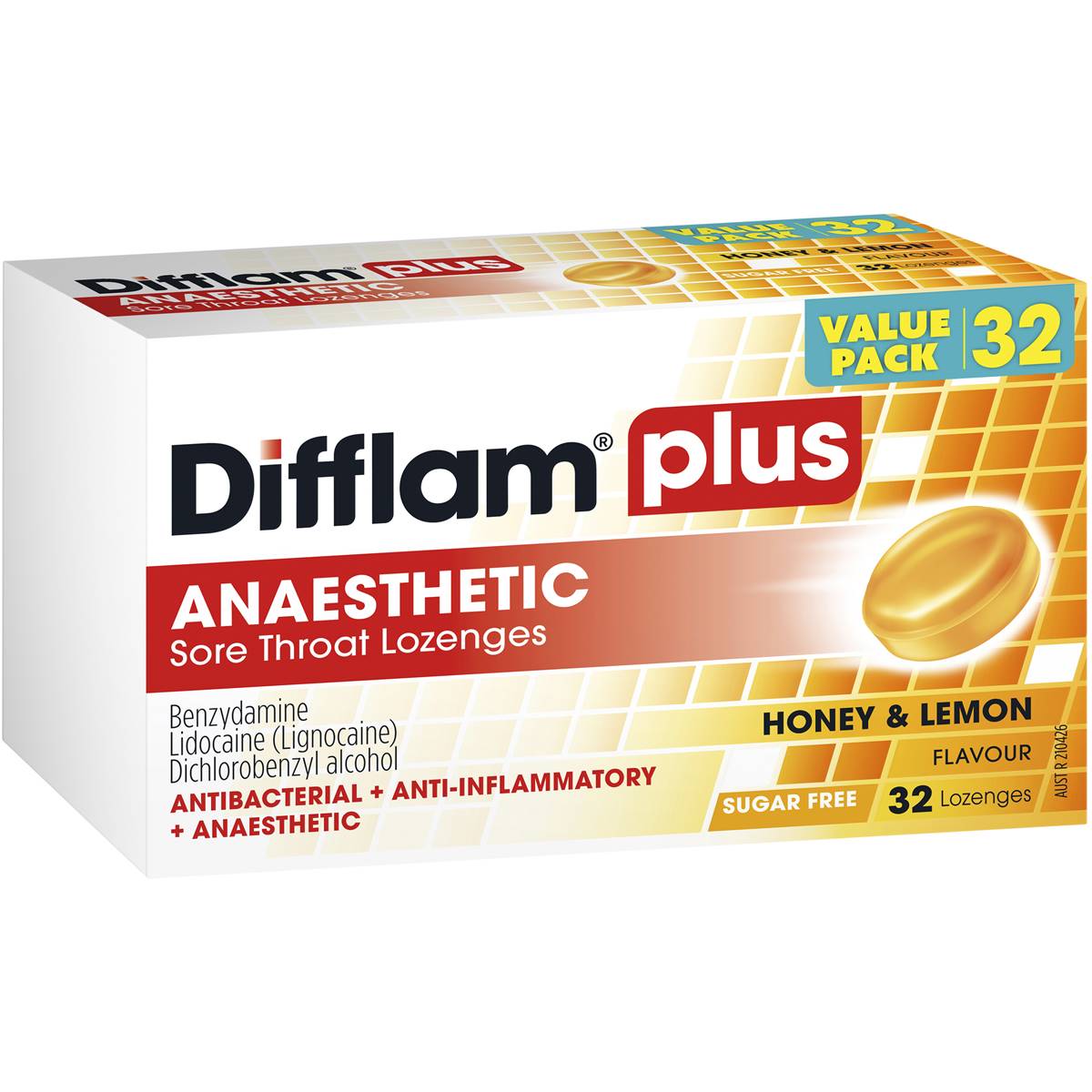 Difflam Lozenges Plus Anaesthetic Honey Lemon 32 Pack   140963 